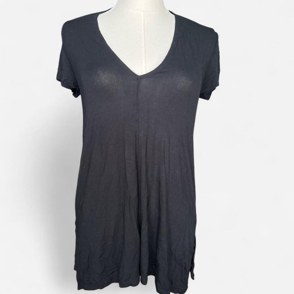 black soft slinky short sleeve v neck shirt with button detailing